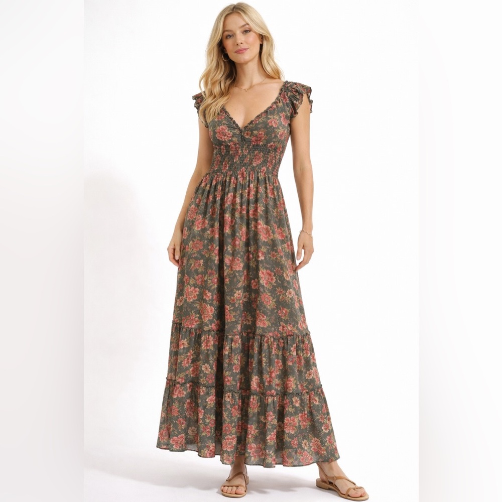 CIENNA Floral Maxi Dress Boho Smocked Waist Short Sleeve V-Neck Silk Blend M